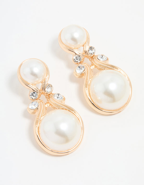 Gold Pearl Diamante Doorknocker Drop Earrings