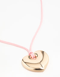 Gold Puffy Heart Pendant Pink Cord Necklace - link has visual effect only