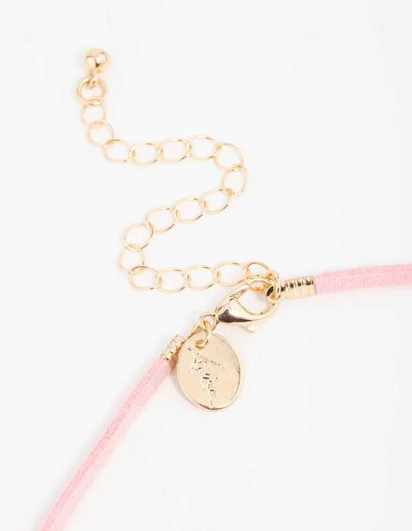 Gold Puffy Heart Pendant Pink Cord Necklace