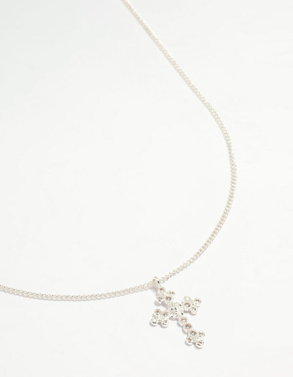 Silver Plated Diamante Rose Cross Pendant Necklace