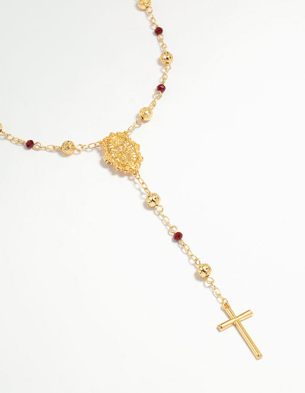 Gold Plated Rose Beaded Locket Cross Y-Necklace