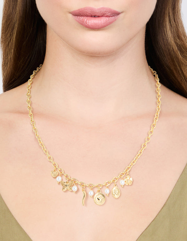Gold Plated Cross & Mixed Charm Necklace