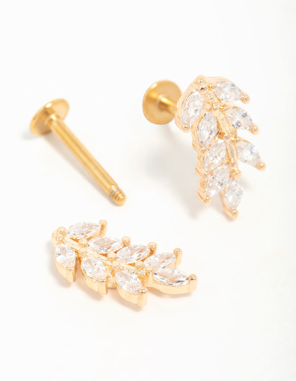 Gold Plated Surgical Steel Cubic Zirconia Leaf Flat Back Earrings