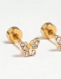 Kids Gold Plated Surgical Steel Diamante Butterfly Flat Back Earrings - link has visual effect only