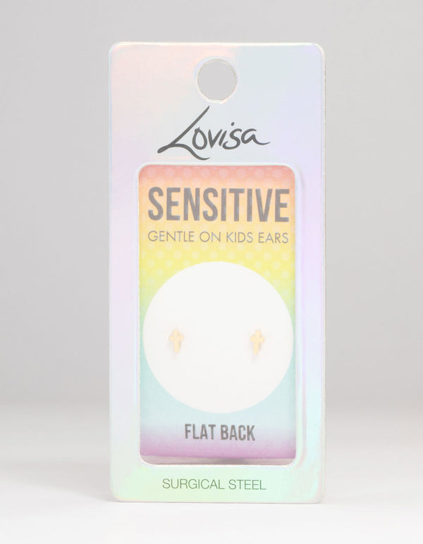 Kids Gold Plated Surgical Steel Cross Flat Back Earrings