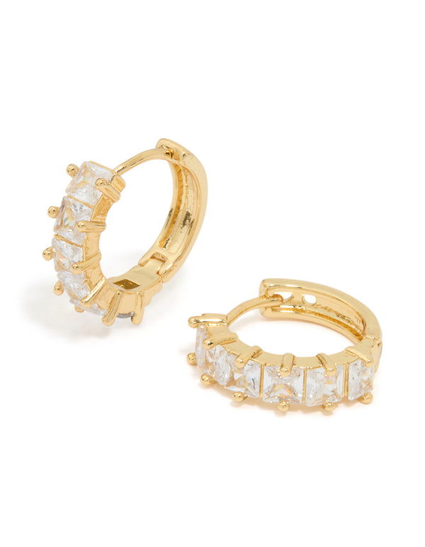 Gold Plated Brass Cubic Zirconia Baguette Medium Huggie Earrings