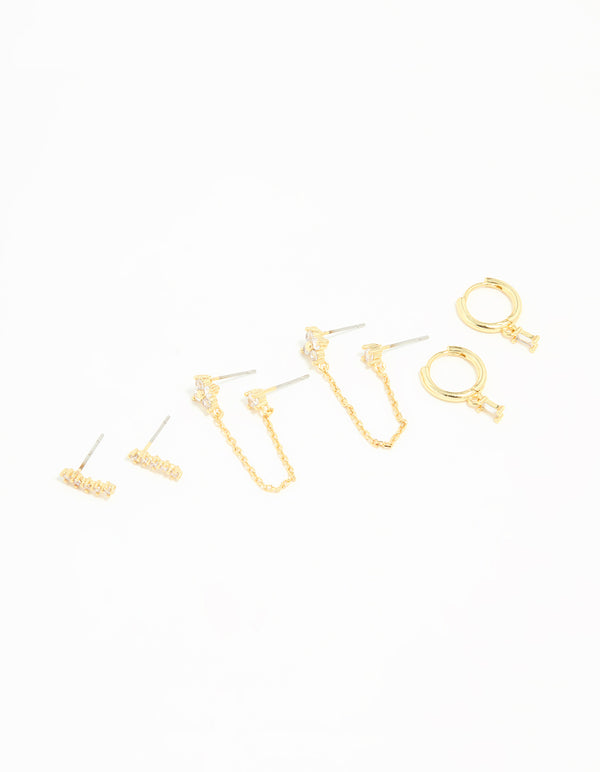 Gold Plated Brass Cubic Zirconia Chain & Stud Earrings 3-Pack