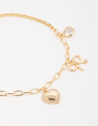 Gold Plated Brass Cubic Zirconia Heart & Bow Charm Toggle Bracelet - link has visual effect only