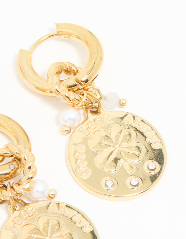 Waterproof Gold Plated Stainless Steel Clover Coin Drop Hoop Earrings