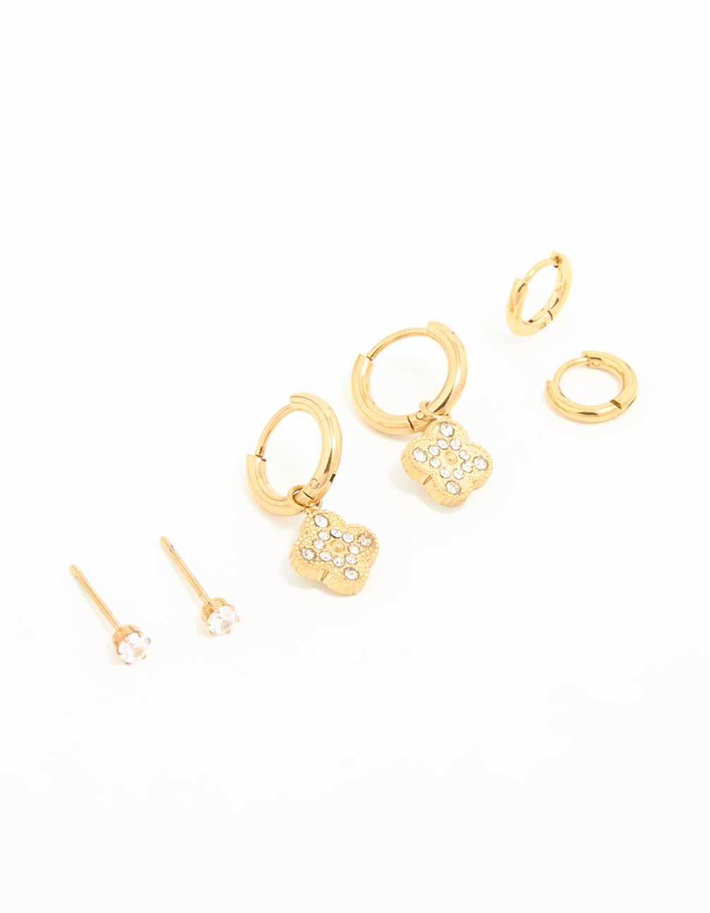 Waterproof Gold Plated Stainless Steel Cubic Zirconia Flower Hoop Earrings 3-Pack