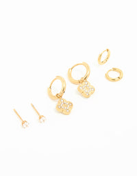 Waterproof Gold Plated Stainless Steel Cubic Zirconia Flower Hoop Earrings 3-Pack - link has visual effect only