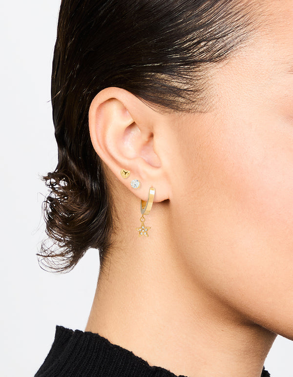 Waterproof Gold Plated Stainless Steel Diamante Star & Heart Stud Earrings 3-Pack