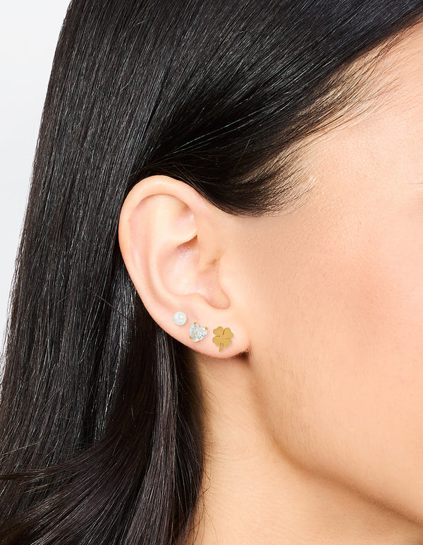Waterproof Gold Plated Stainless Steel Clean Clover Stud Earrings 3-Pack