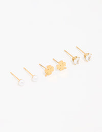 Waterproof Gold Plated Stainless Steel Clean Clover Stud Earrings 3-Pack - link has visual effect only