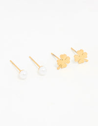 Waterproof Gold Plated Stainless Steel Clean Clover Stud Earrings 3-Pack - link has visual effect only