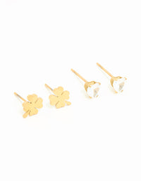 Waterproof Gold Plated Stainless Steel Clean Clover Stud Earrings 3-Pack - link has visual effect only