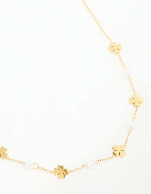 Waterproof Gold Plated Stainless Steel Pearl & Clover Pendant Necklace