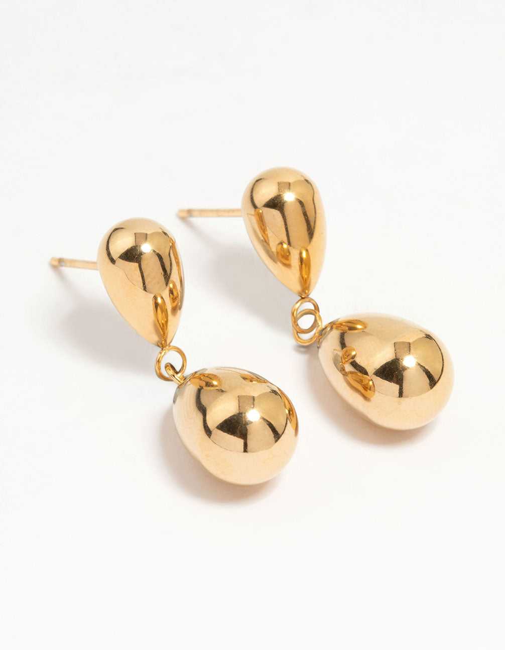 Featuring waterproof gold plated stainless steel double drop earrings front view