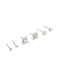 Crafted from waterproof stainless steel celestial stud earrings featuring star design with crystal and cubic zirconia in silver front view - link has visual effect only