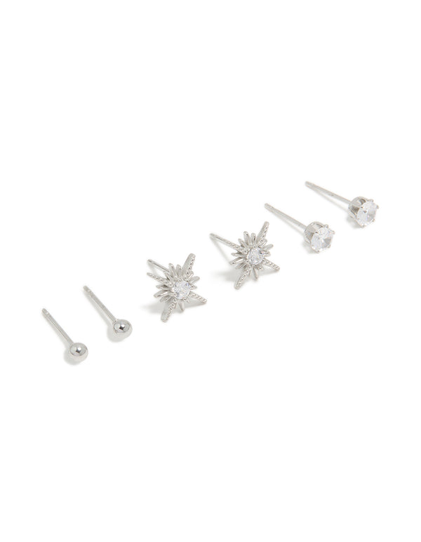 Crafted from waterproof stainless steel celestial stud earrings featuring star design with crystal and cubic zirconia in silver front view