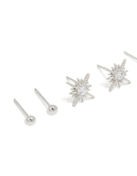 Designed with waterproof stainless steel celestial stud earrings featuring star design, crystal and cubic zirconia in silver close up view - link has visual effect only