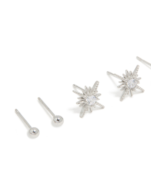 Designed with waterproof stainless steel celestial stud earrings featuring star design, crystal and cubic zirconia in silver close up view