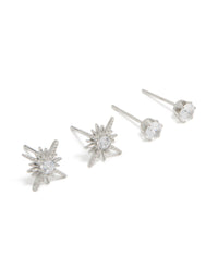 Highlighting waterproof stainless steel celestial stud earrings with star design, crystal and cubic zirconia in silver post detail view - link has visual effect only