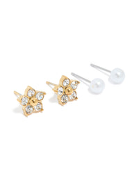 Elegantly crafted waterproof gold plated stainless steel pearl and stud earrings 3-pack with floral front view - link has visual effect only