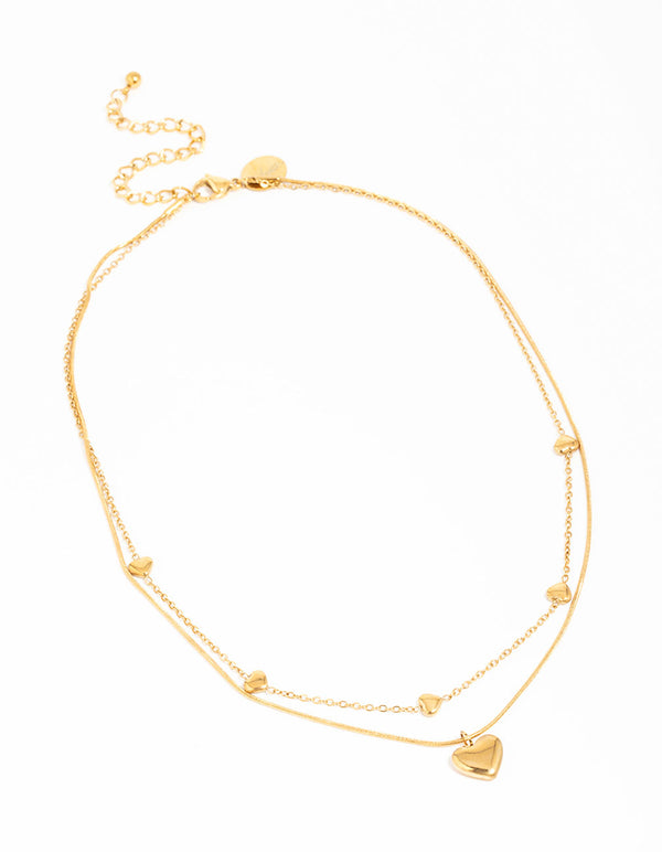 Waterproof Gold Plated Stainless Steel Heart Pendant Layered Necklace