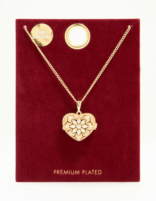 Gold Plated Cubic Zirconia Heart Locket Pendant Necklace