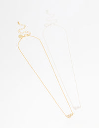Mixed Metal Cubic Zirconia Heart Link Necklaces 2-Pack - link has visual effect only