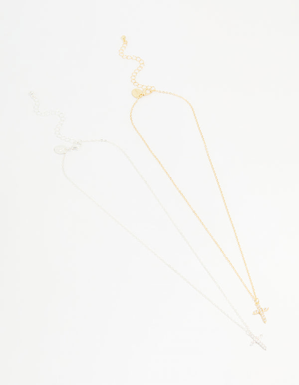 Mixed Metal Cross Cubic Zirconia Pendant Necklaces 2-Pack