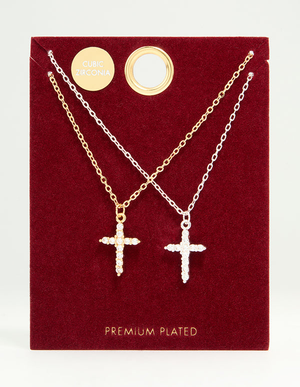 Mixed Metal Cross Cubic Zirconia Pendant Necklaces 2-Pack