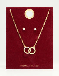 Gold Plated Cubic Zirconia Linked Necklace & Stud Earrings Set - link has visual effect only