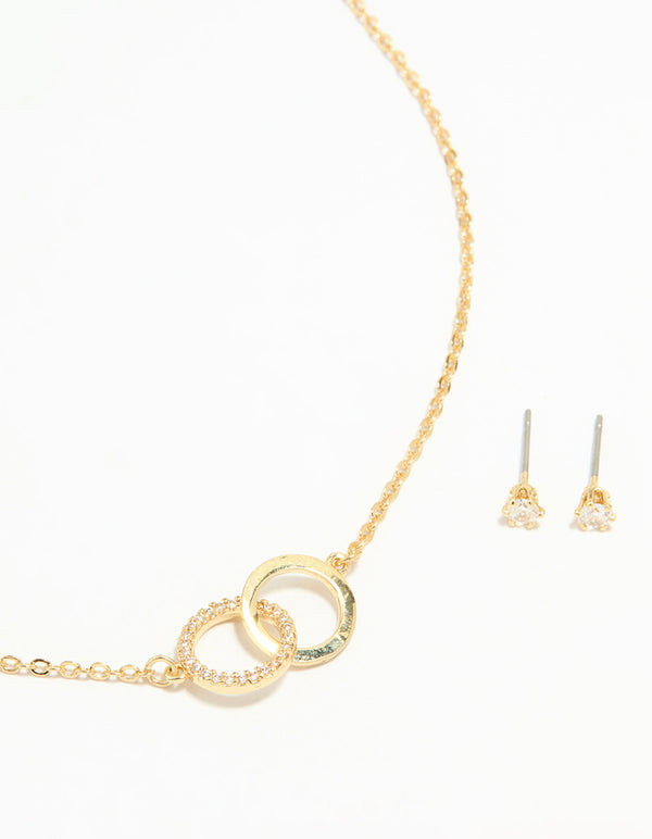 Gold Plated Cubic Zirconia Linked Necklace & Stud Earrings Set