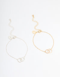 Gold & Silver Plated Brass Cubic Zirconia Link Bracelets 2-Pack - link has visual effect only