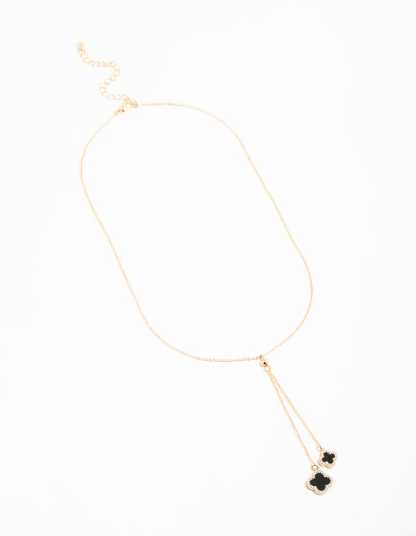 Gold Cubic Zirconia Black Flower Y-Necklace