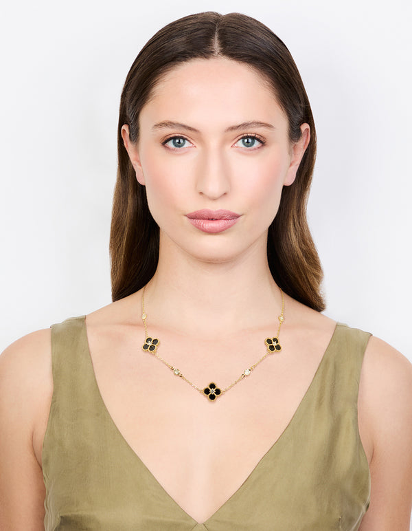 Gold Plated Cubic Zirconia Black Flower Pendant Necklace
