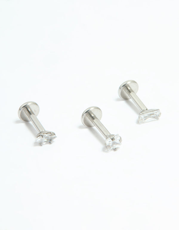 Surgical Steel Cubic Zirconia Mixed Shape Flat Back Studs 3-Pack