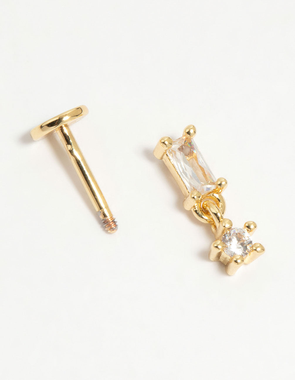 Gold Plated Surgical Steel Cubic Zirconia Baguette Drop Flat Back Stud
