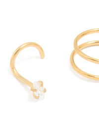 Gold Plated Surgical Steel Cubic Zirconia Nose Hook Studs & Nose Ring 3-Pack - link has visual effect only