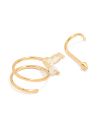 Gold Plated Surgical Steel Cubic Zirconia Nose Hook Studs & Nose Ring 3-Pack - link has visual effect only