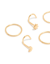 Gold Plated Surgical Steel Star & Moon Nose Piercings 6-Pack - link has visual effect only