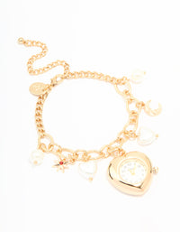 Gold Pearl Heart Charm Watch Bracelet - link has visual effect only
