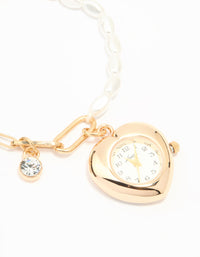 Gold Pearl Heart Watch Bracelet - link has visual effect only