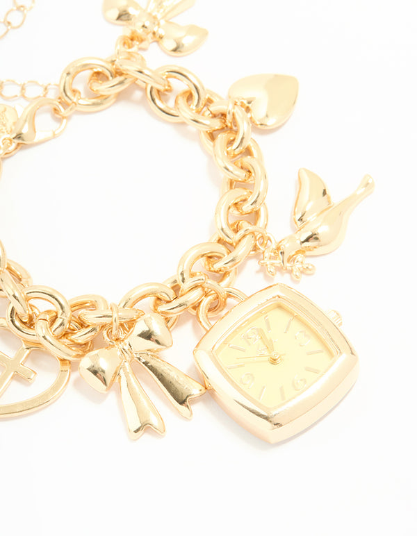 Gold Watch & Cross Charm Bracelet