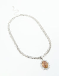 Silver Triple Chain Oval Pendant Necklace - link has visual effect only