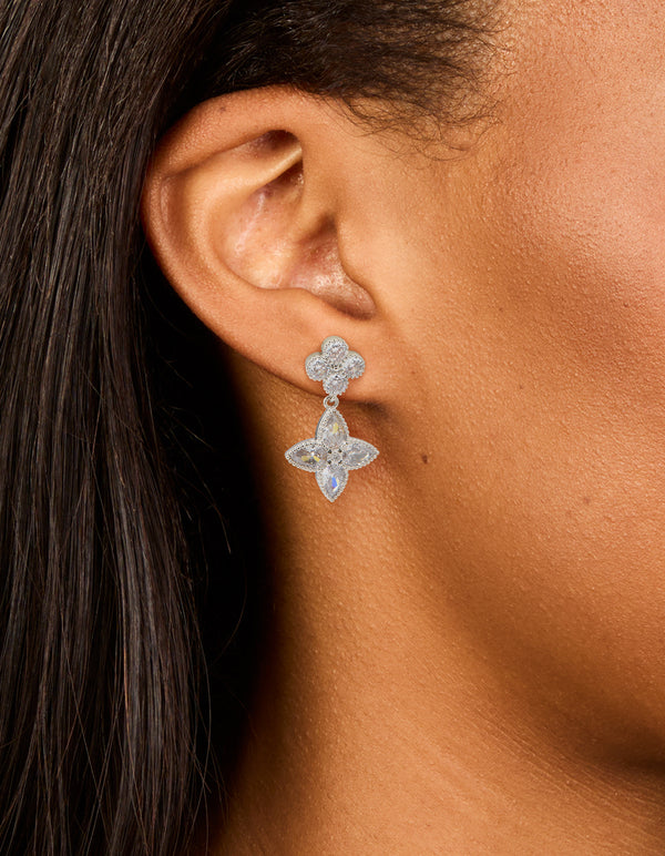 Silver Cubic Zirconia Double Flower Drop Earrings