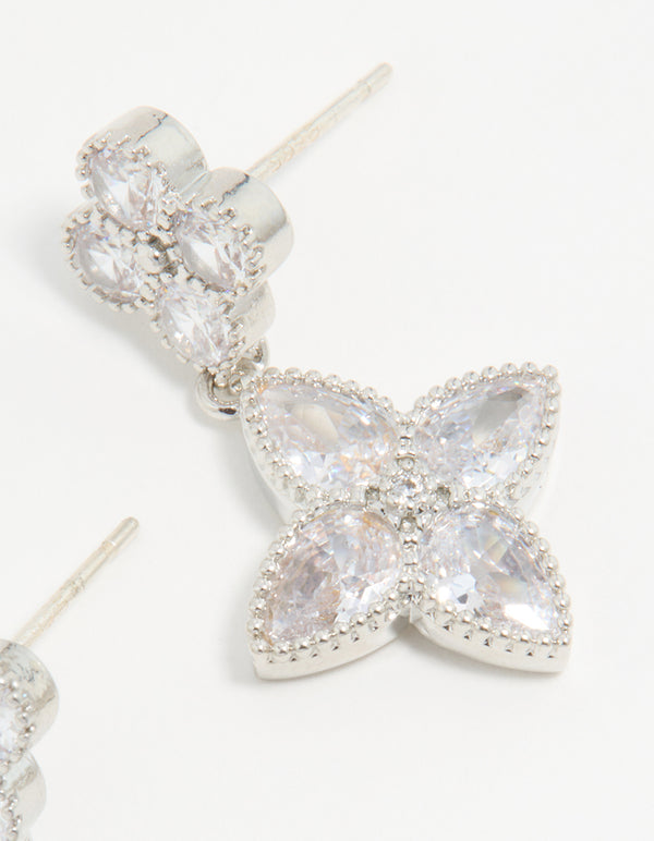 Silver Cubic Zirconia Double Flower Drop Earrings
