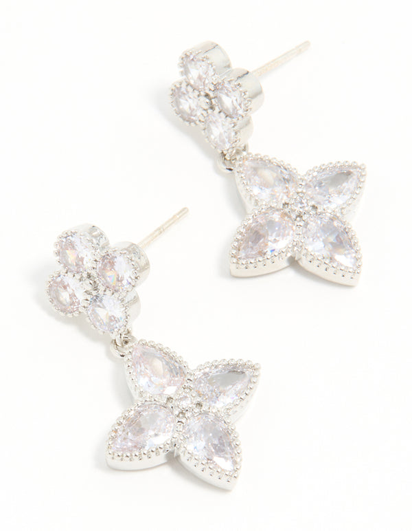 Silver Cubic Zirconia Double Flower Drop Earrings